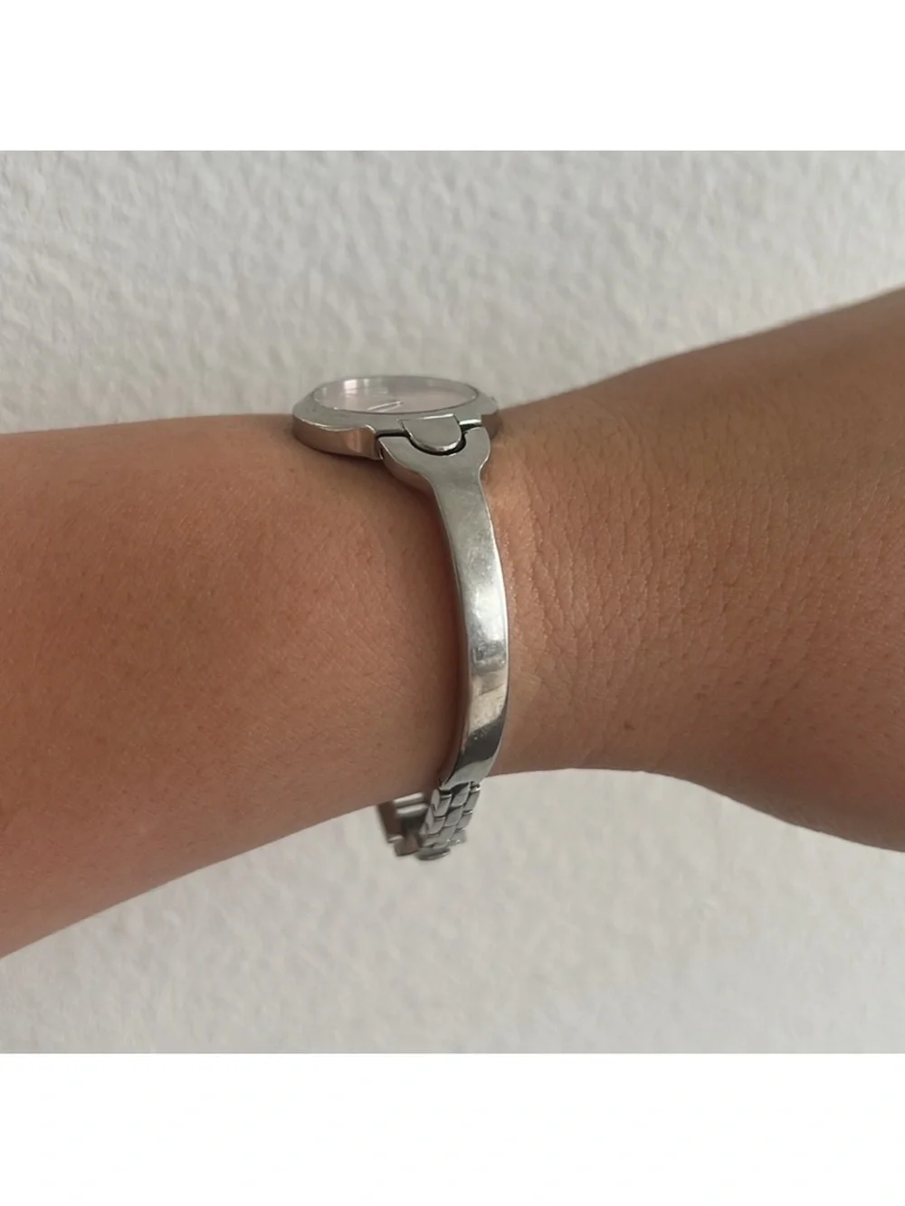 Movado Silver Bangle Watch with Pink Sunburst Dial